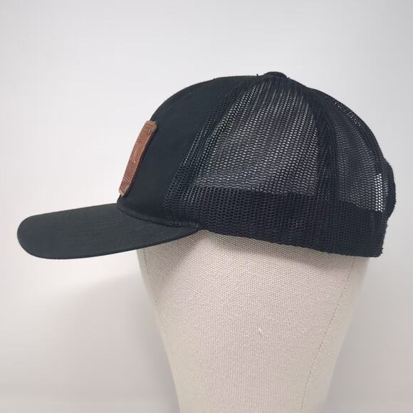 Yupoong Trucker Hat Black Brown Leather Patch Broken Bowl Catering OS Snapback - Picture 3 of 10